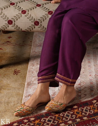 Kashmiri Golden Boti Tilla Embroidered Woollen Coordset – Wine | Handcrafted Heritage - Kashmir Box