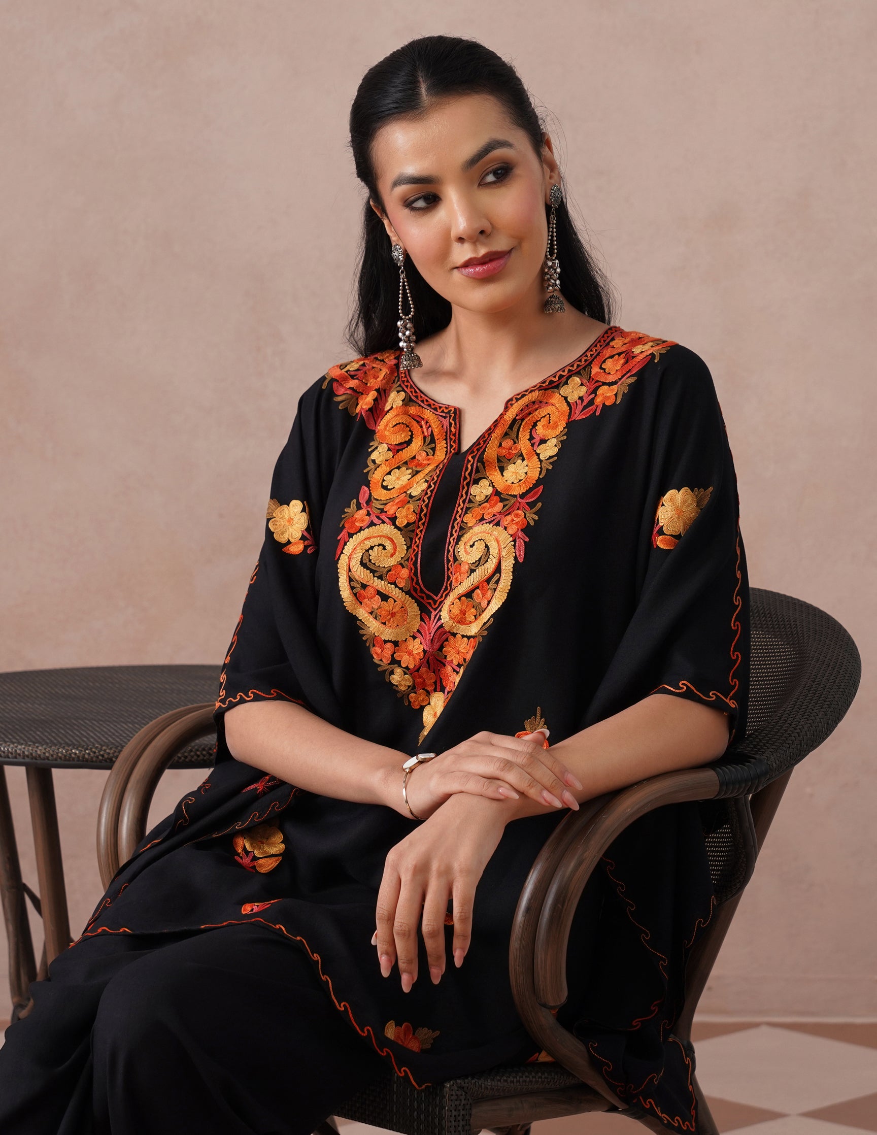 Black Rayon Kaftan Set – Multicolor Embroidery | Versatile Daily Comfort Wear - Kashmir Box
