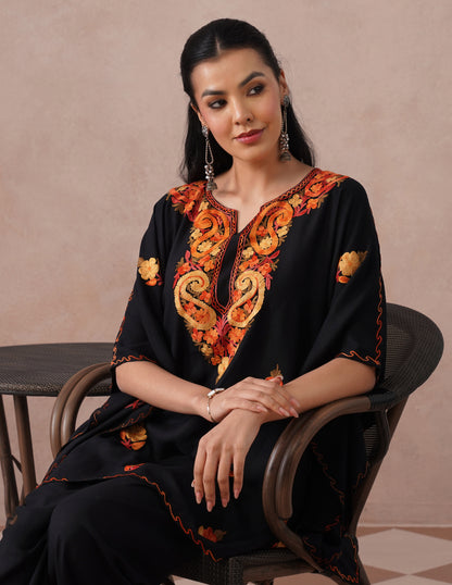 Black Rayon Kaftan Set – Multicolor Embroidery | Versatile Daily Comfort Wear - Kashmir Box