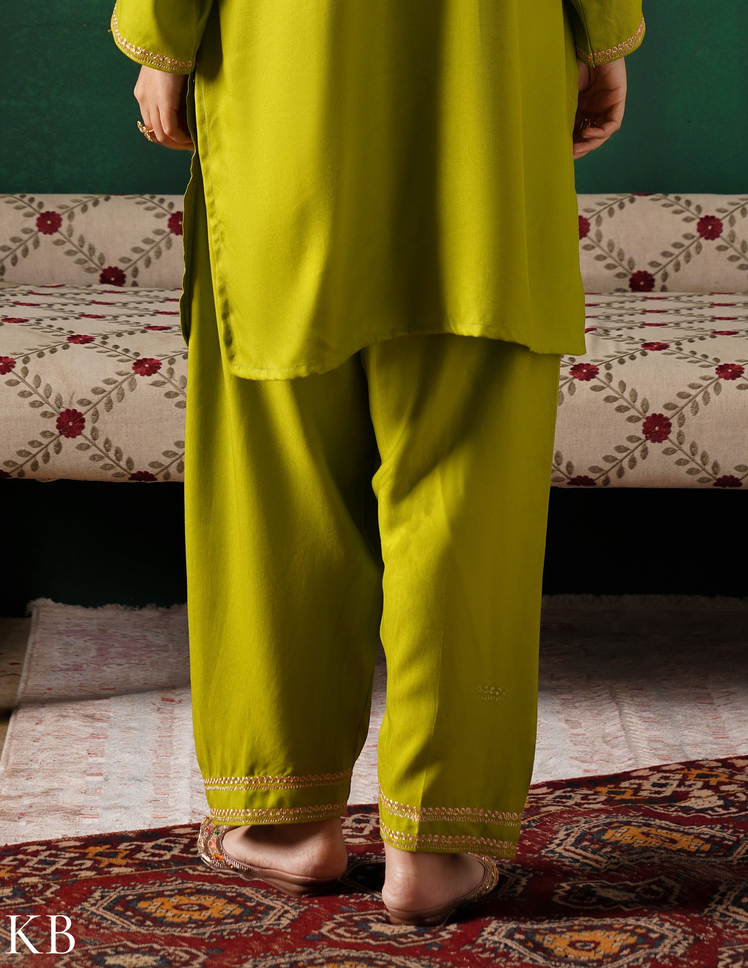 Kashmiri Golden Boti Tilla Embroidered Woollen Coordset – Lime Green | Handcrafted Heritage - Kashmir Box