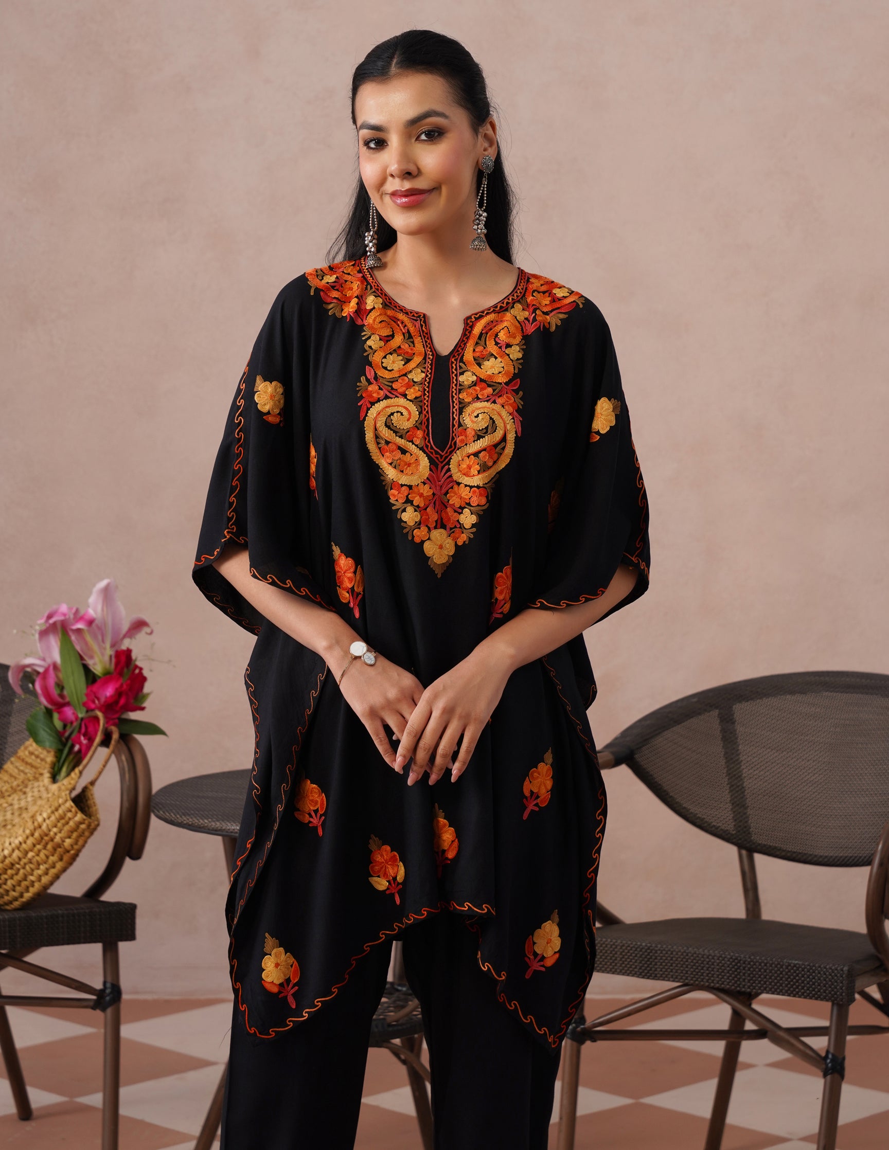 Black Rayon Kaftan Set – Multicolor Embroidery | Versatile Daily Comfort Wear - Kashmir Box
