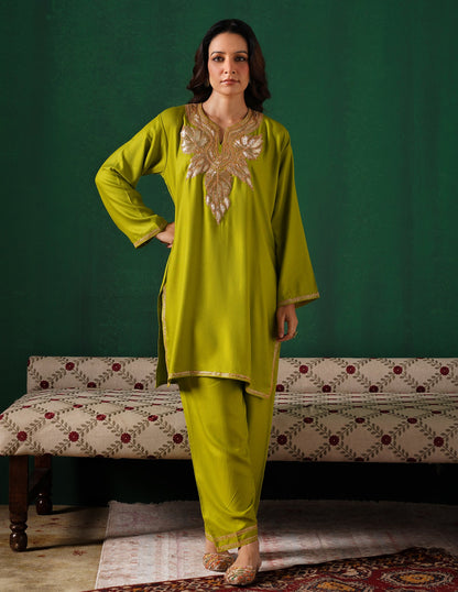 Kashmiri Golden Boti Tilla Embroidered Woollen Coordset – Lime Green | Handcrafted Heritage - Kashmir Box