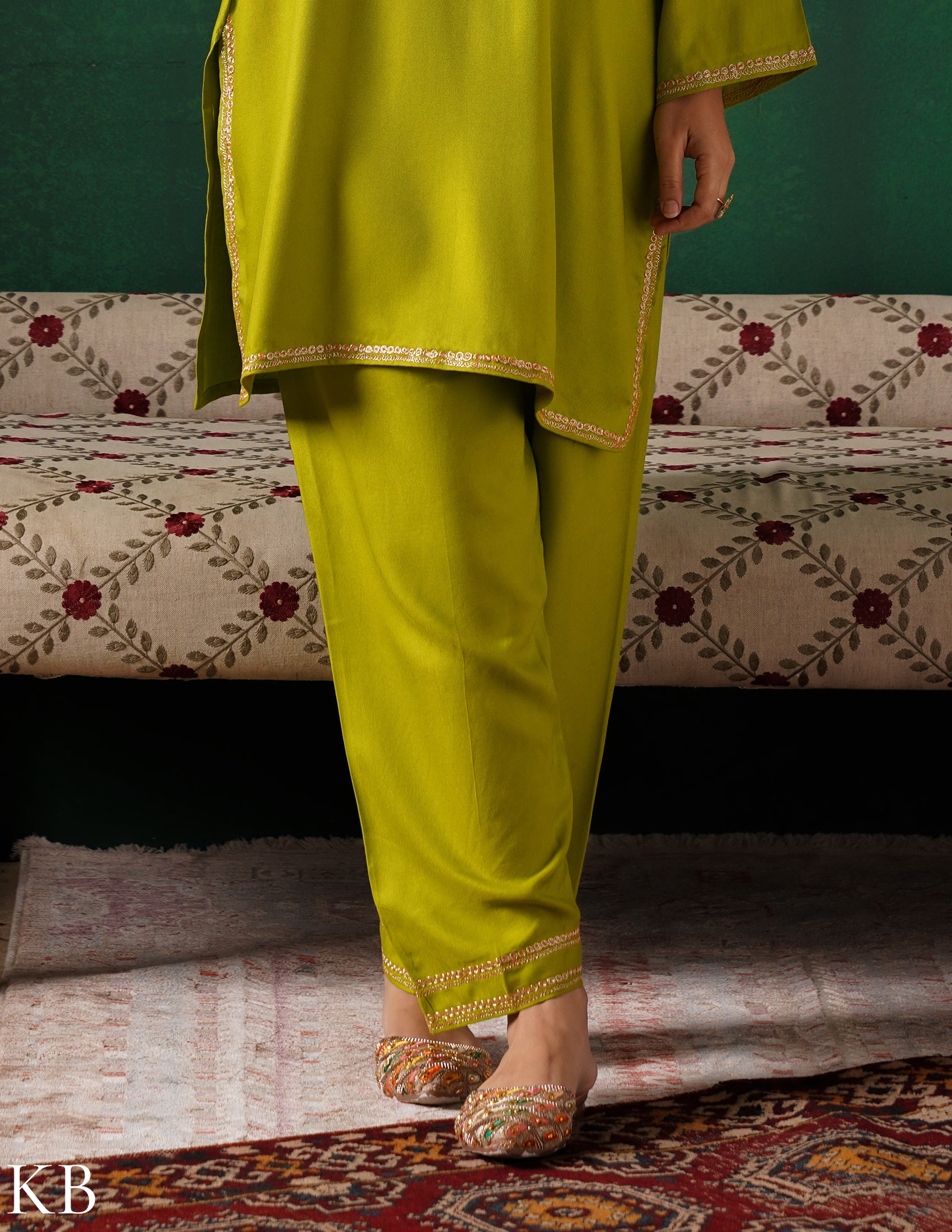 Kashmiri Golden Boti Tilla Embroidered Woollen Coordset – Lime Green | Handcrafted Heritage - Kashmir Box