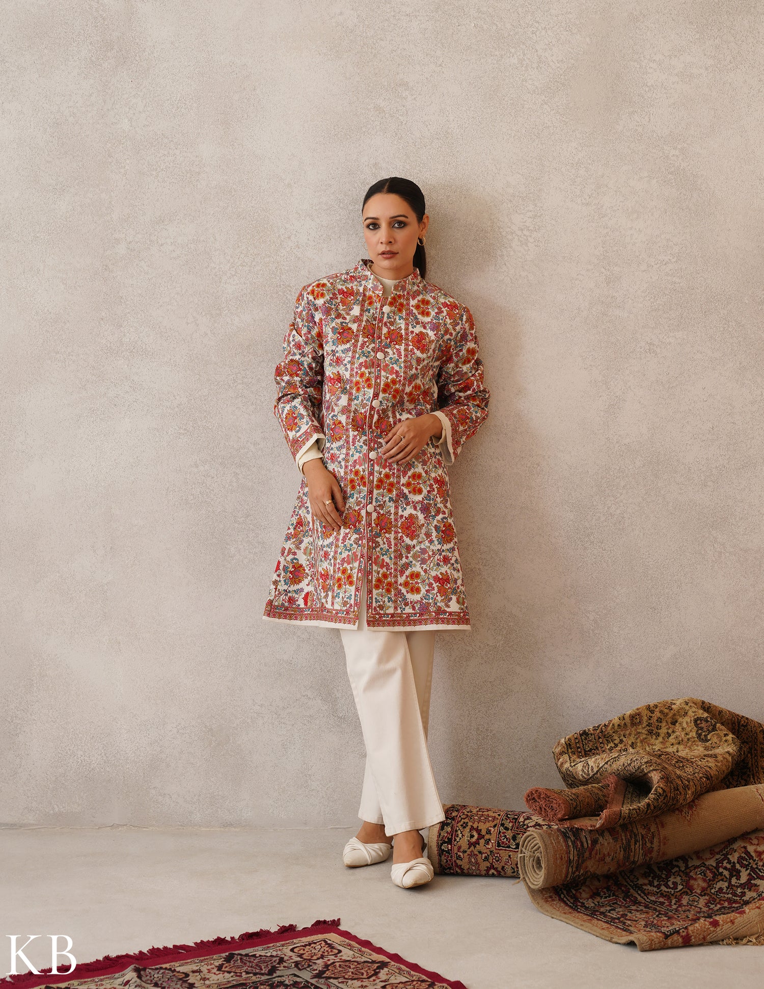 Nayaab Off-White Kashmiri Sozni Fine Wool Long Jacket