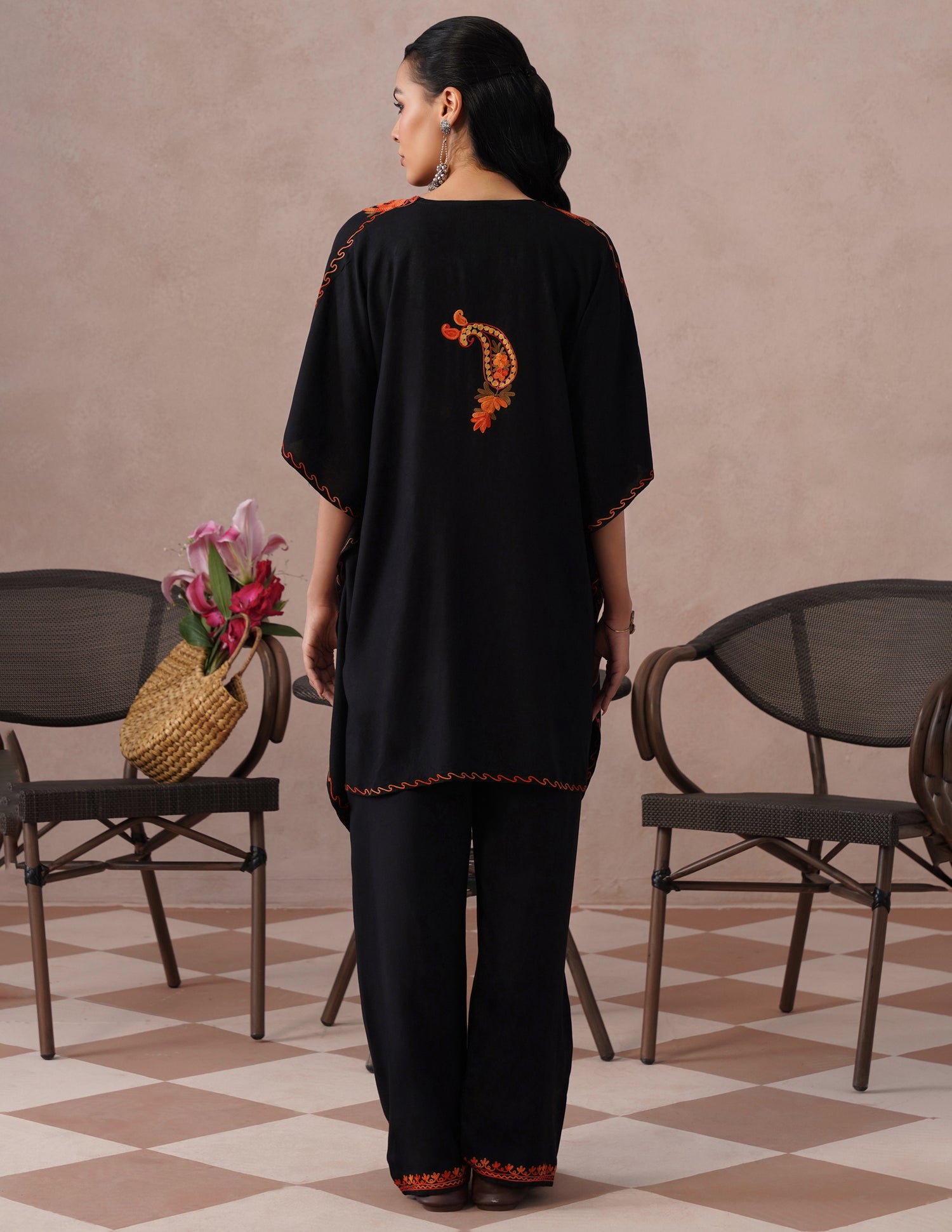 Black Rayon Kaftan Set – Multicolor Embroidery | Versatile Daily Comfort Wear - Kashmir Box