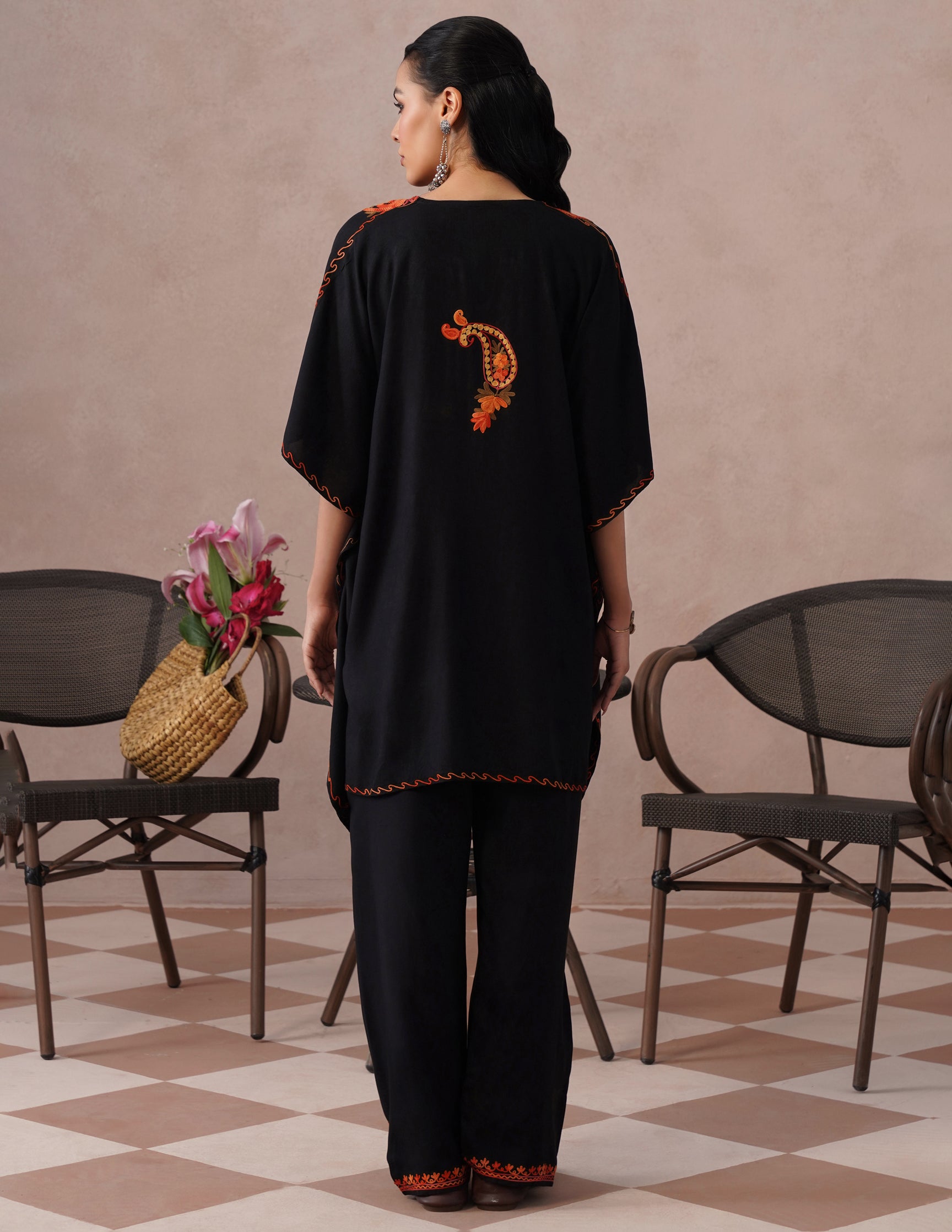 Black Rayon Kaftan Set – Multicolor Embroidery | Versatile Daily Comfort Wear - Kashmir Box