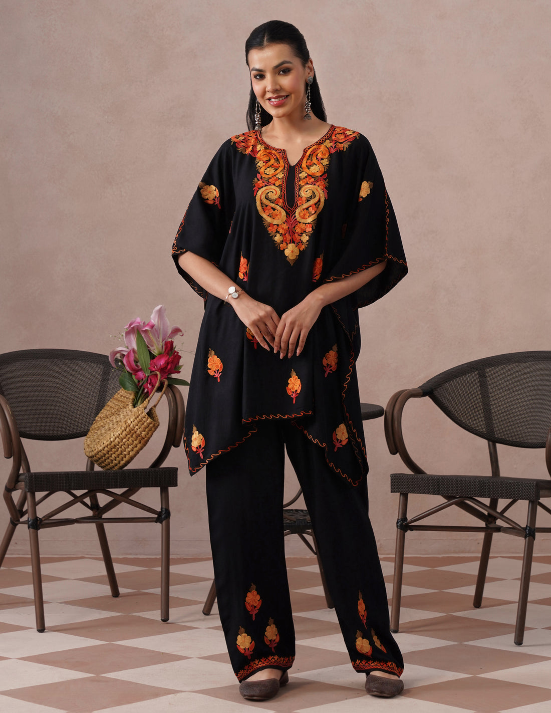 Black Rayon Kaftan Set – Multicolor Embroidery | Versatile Daily Comfort Wear - Kashmir Box