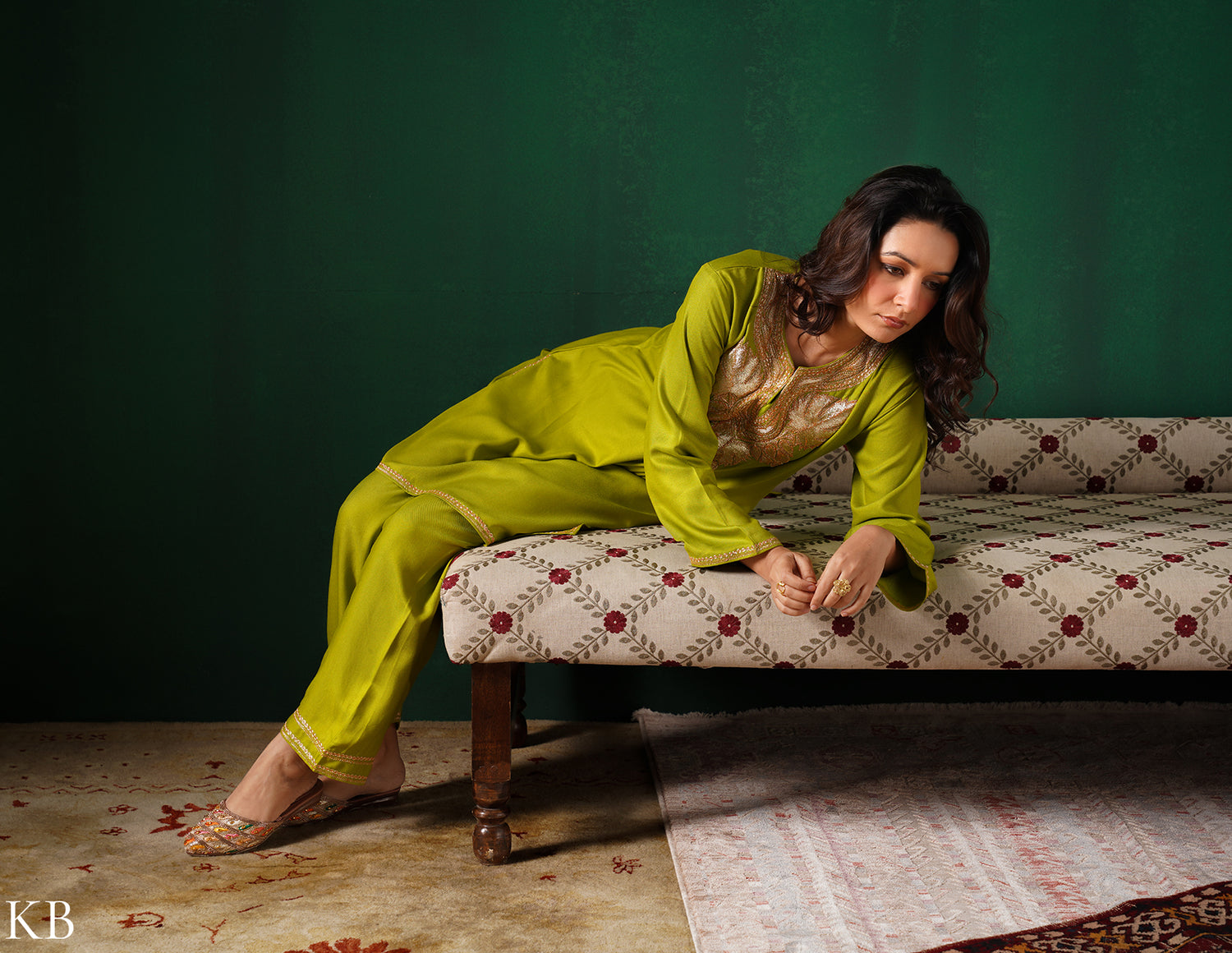 Kashmiri Golden Boti Tilla Embroidered Woollen Coordset – Lime Green | Handcrafted Heritage - Kashmir Box