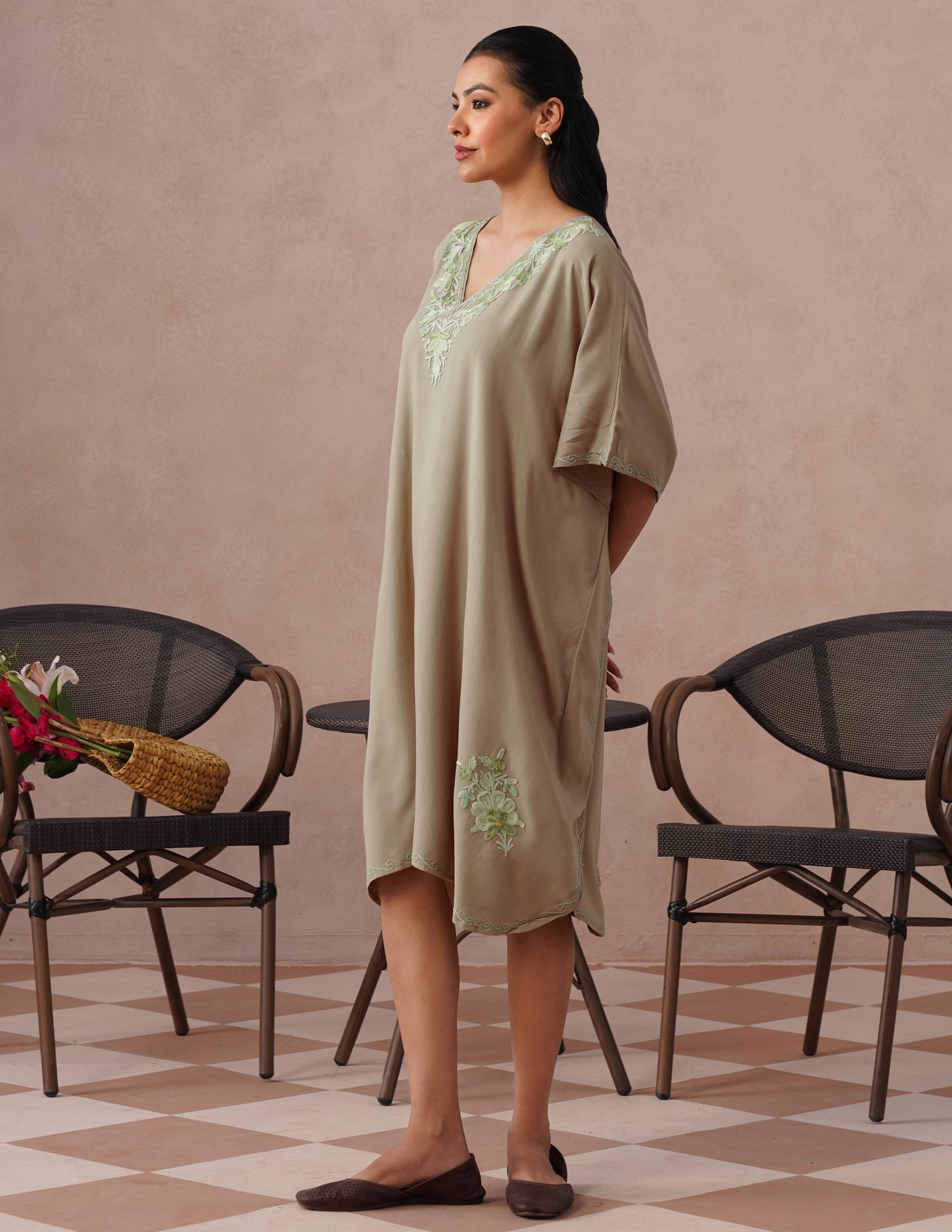 Mouse Grey Rayon Kaftan – Green Embroidery | Single Piece Comfort Ethnic Wear - Kashmir Box