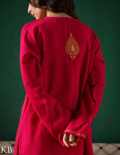 Kashmiri Golden Boti Tilla Embroidered Woollen Coordset – Dark Pink | Handcrafted Heritage - Kashmir Box