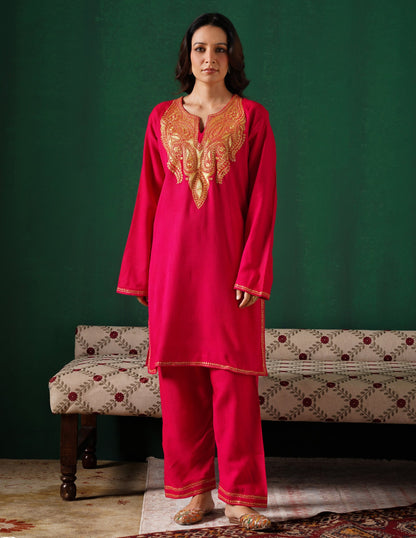 Kashmiri Golden Boti Tilla Embroidered Woollen Coordset – Dark Pink | Handcrafted Heritage - Kashmir Box