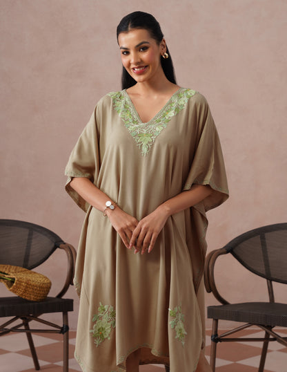 Mouse Grey Rayon Kaftan – Green Embroidery | Single Piece Comfort Ethnic Wear - Kashmir Box
