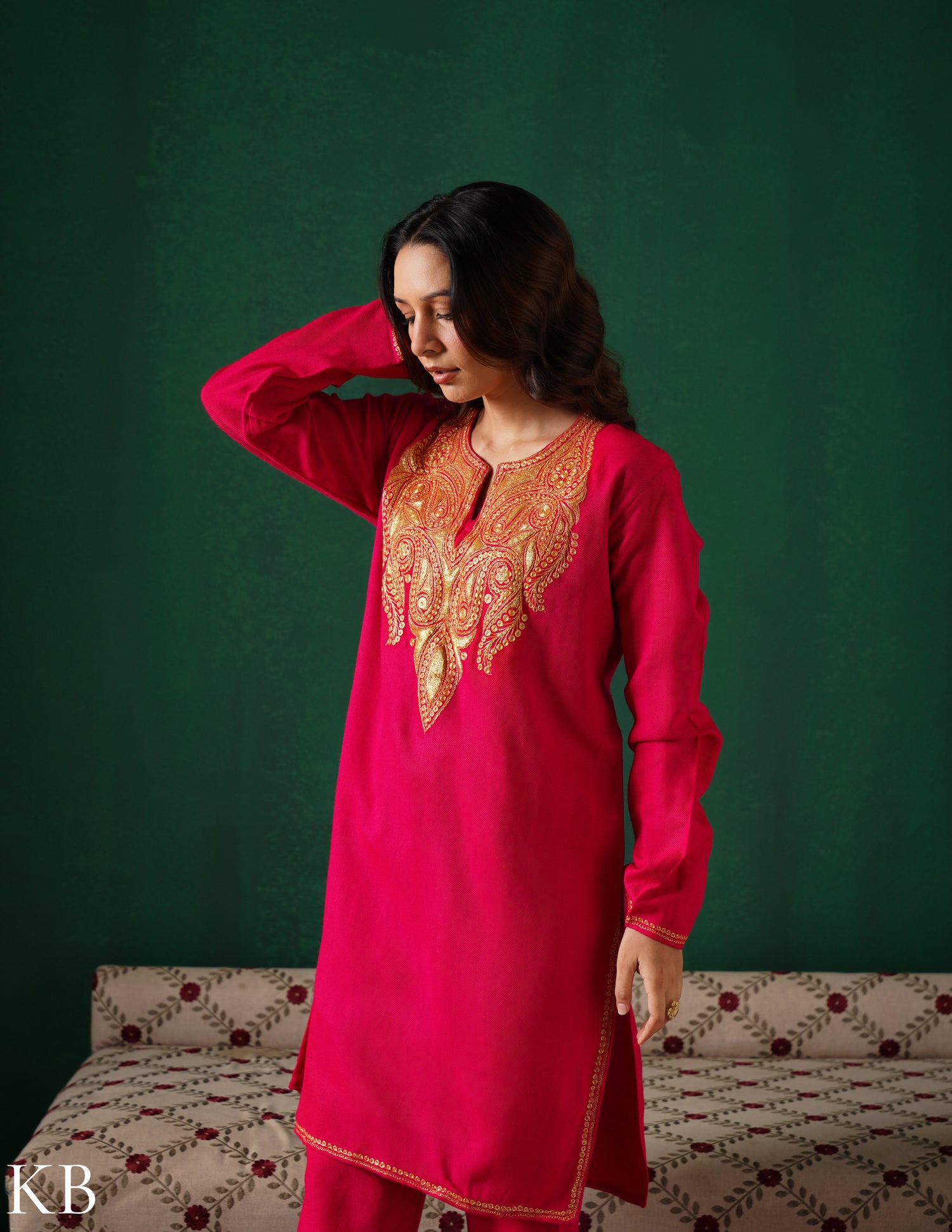 Kashmiri Golden Boti Tilla Embroidered Woollen Coordset – Dark Pink | Handcrafted Heritage - Kashmir Box