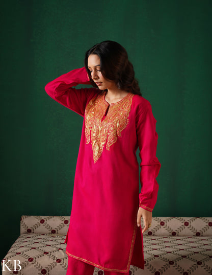 Kashmiri Golden Boti Tilla Embroidered Woollen Coordset – Dark Pink | Handcrafted Heritage - Kashmir Box