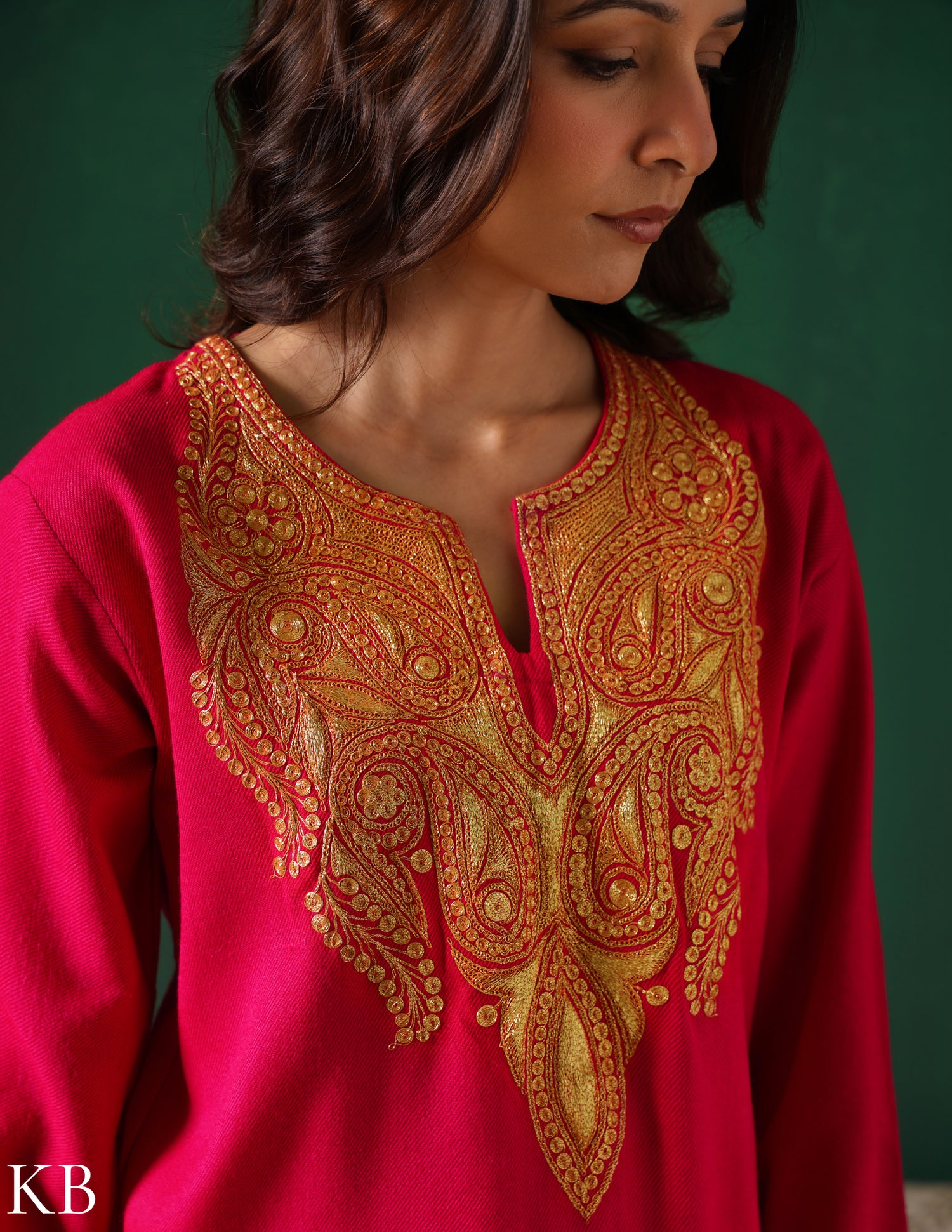 Kashmiri Golden Boti Tilla Embroidered Woollen Coordset – Dark Pink | Handcrafted Heritage - Kashmir Box