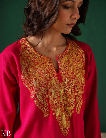 Kashmiri Golden Boti Tilla Embroidered Woollen Coordset – Dark Pink | Handcrafted Heritage - Kashmir Box