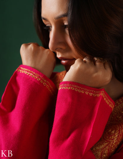 Kashmiri Golden Boti Tilla Embroidered Woollen Coordset – Dark Pink | Handcrafted Heritage - Kashmir Box