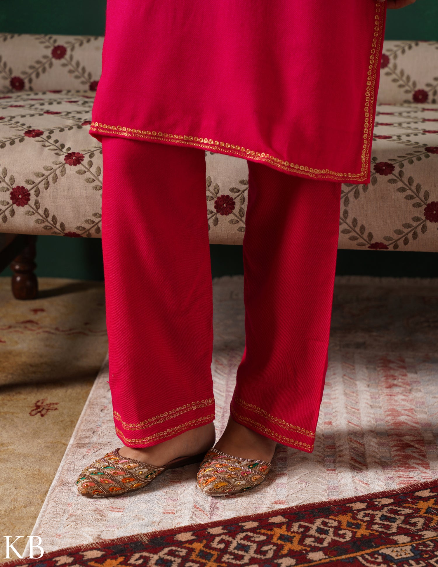 Kashmiri Golden Boti Tilla Embroidered Woollen Coordset – Dark Pink | Handcrafted Heritage - Kashmir Box