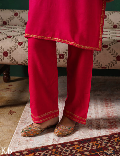 Kashmiri Golden Boti Tilla Embroidered Woollen Coordset – Dark Pink | Handcrafted Heritage - Kashmir Box
