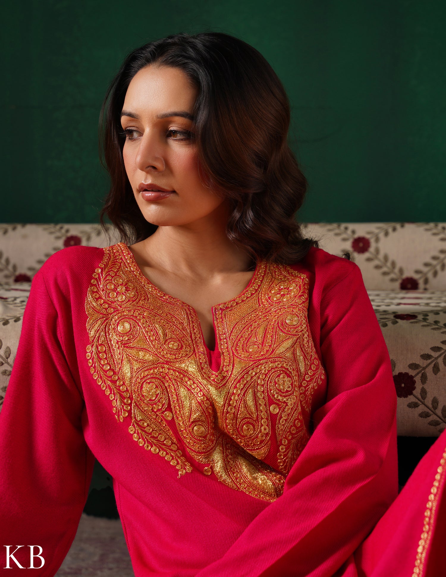 Kashmiri Golden Boti Tilla Embroidered Woollen Coordset – Dark Pink | Handcrafted Heritage - Kashmir Box