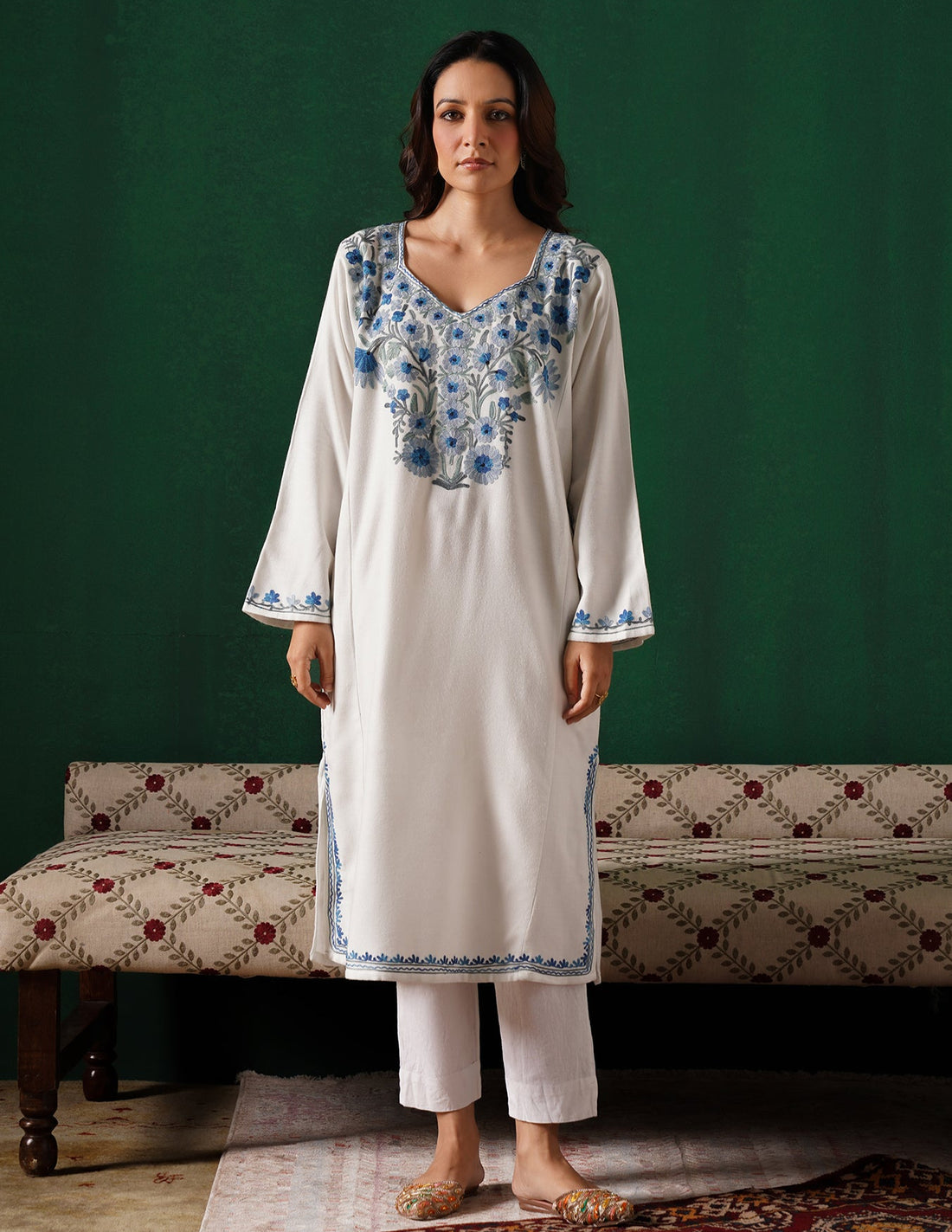 Kashmiri Blue &amp; Grey Aari Embroidered Woollen Phiran – White | Timeless Winter Wear - Kashmir Box