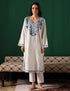 Kashmiri Blue & Grey Aari Embroidered Woollen Phiran – White | Timeless Winter Wear - Kashmir Box