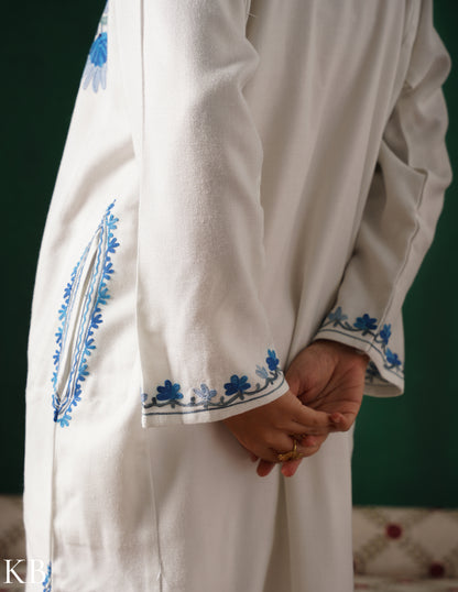 Kashmiri Blue &amp; Grey Aari Embroidered Woollen Phiran – White | Timeless Winter Wear - Kashmir Box