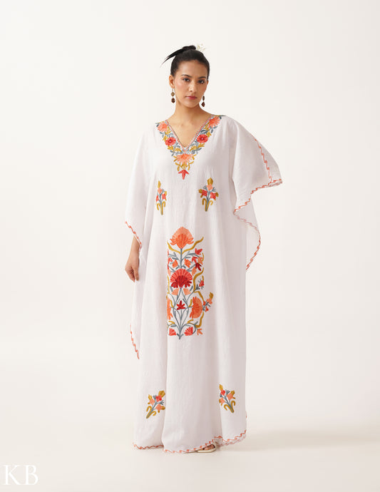 Floral Embroidered White Kaftan