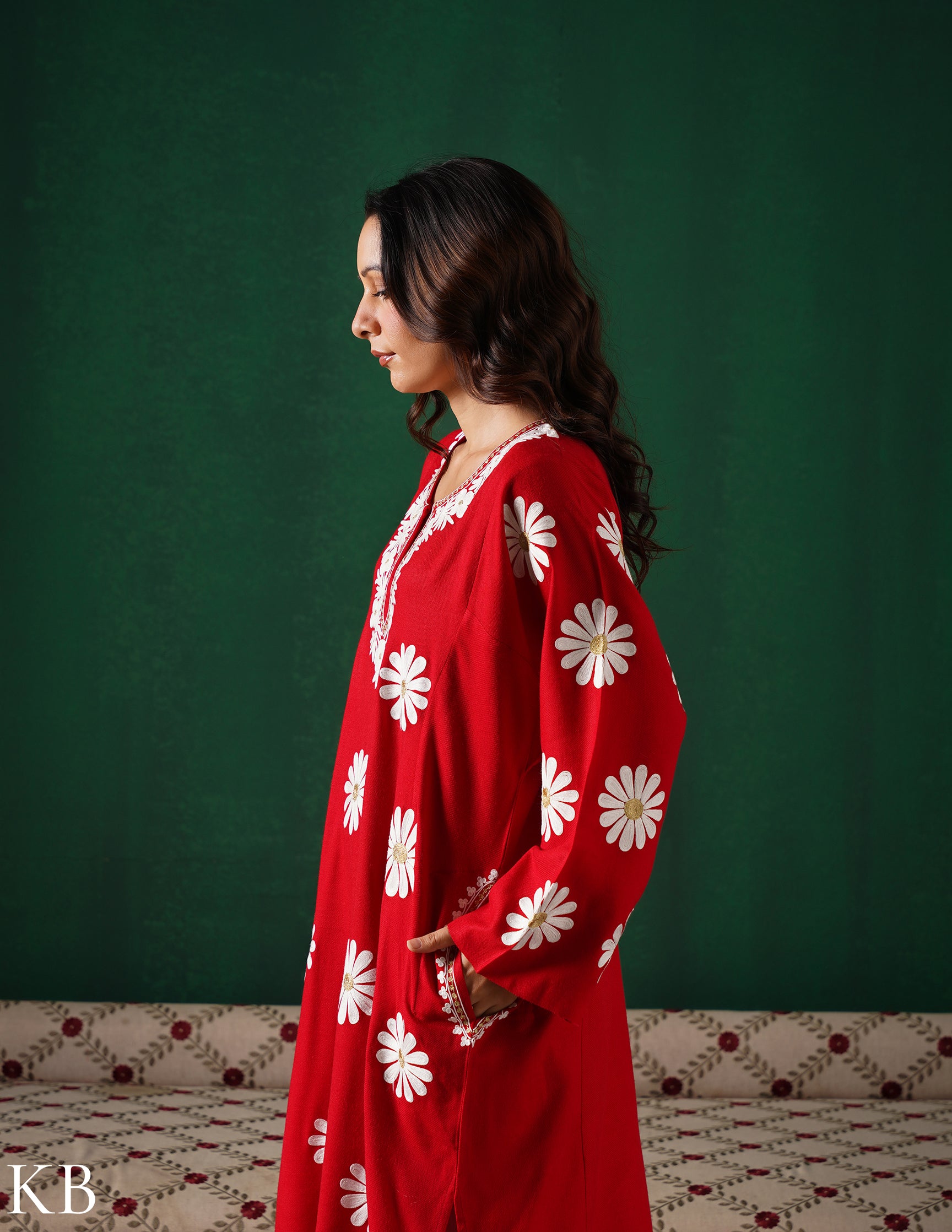 Kashmiri White Aari &amp; Silver Zari Embroidered Woollen Phiran – Maroon | Timeless Winter Wear - Kashmir Box