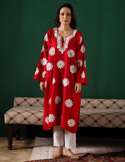 Kashmiri White Aari &amp; Silver Zari Embroidered Woollen Phiran – Maroon | Timeless Winter Wear - Kashmir Box