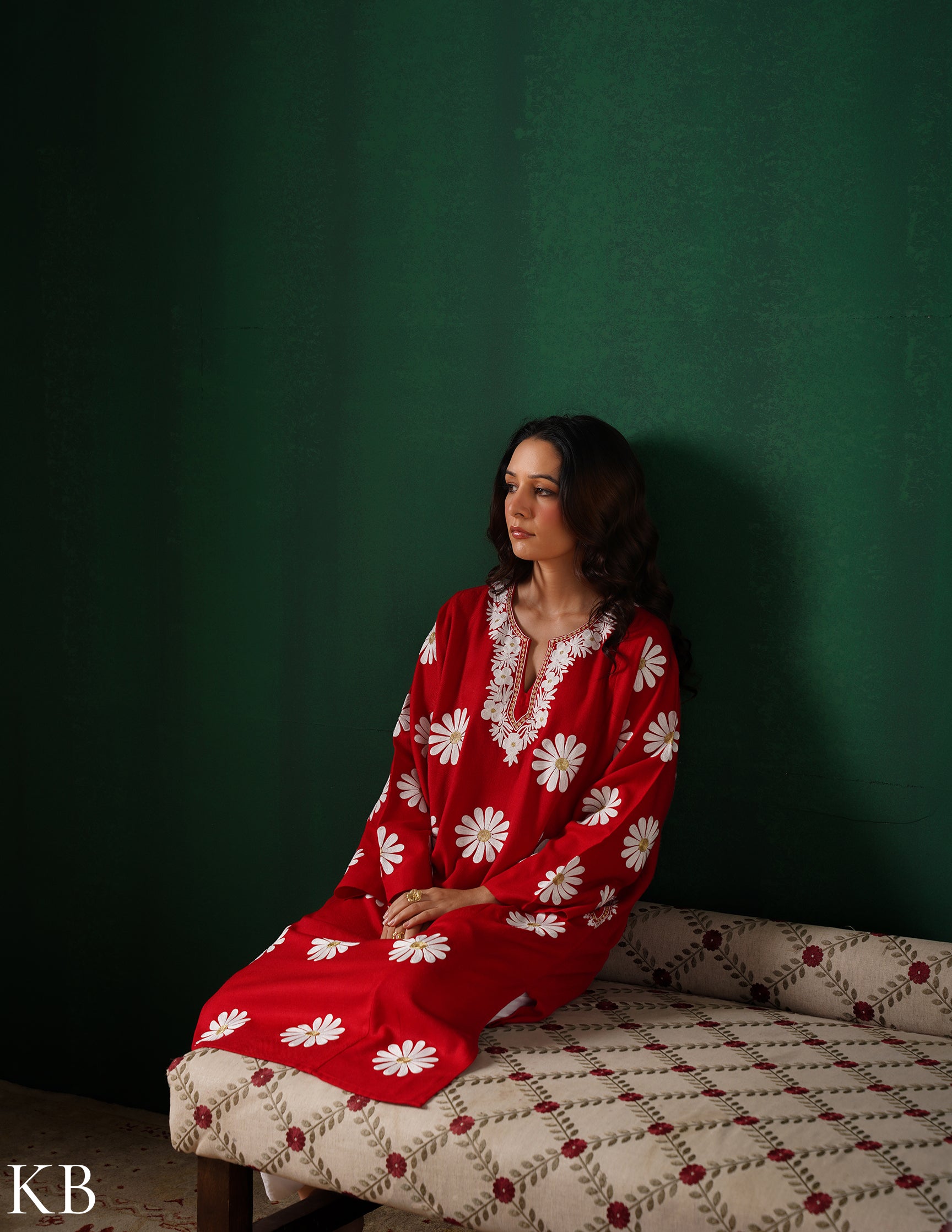 Kashmiri White Aari &amp; Silver Zari Embroidered Woollen Phiran – Maroon | Timeless Winter Wear - Kashmir Box