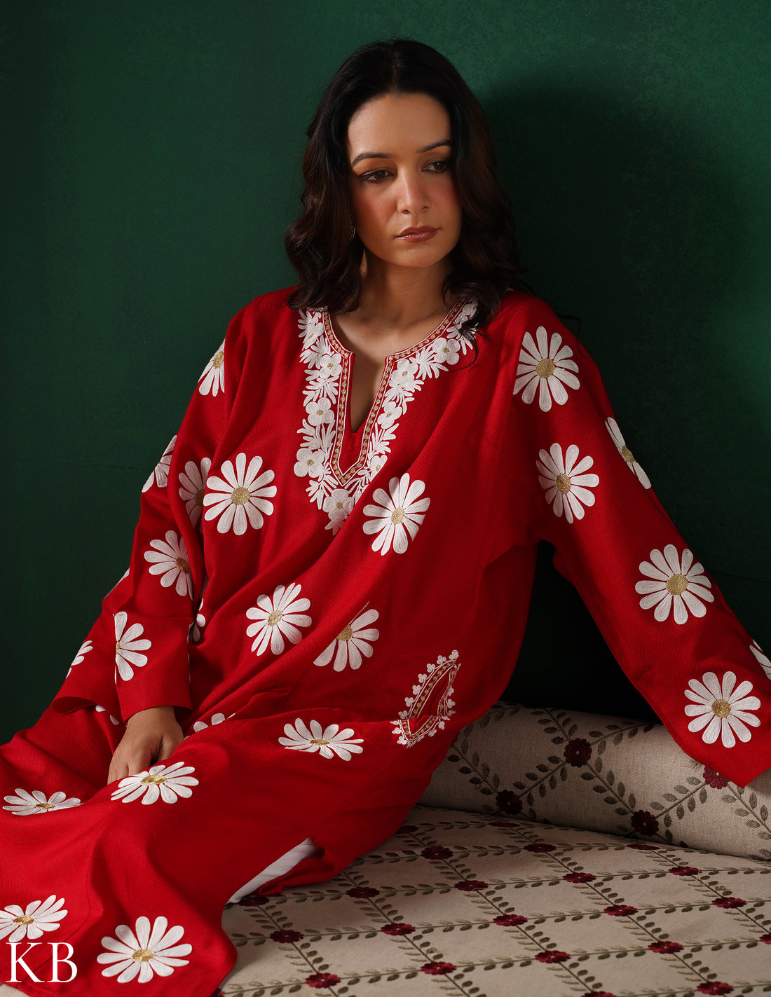 Kashmiri White Aari &amp; Silver Zari Embroidered Woollen Phiran – Maroon | Timeless Winter Wear - Kashmir Box