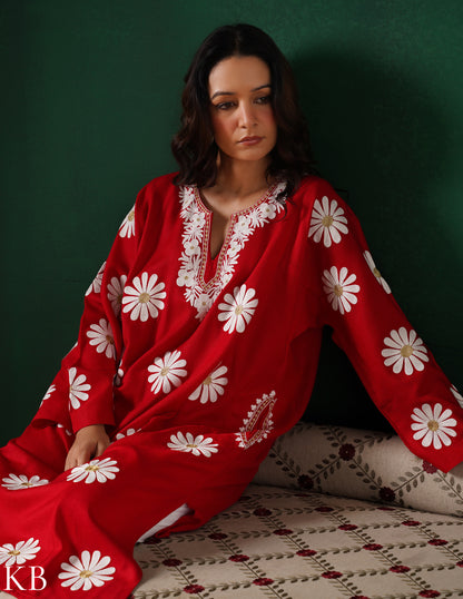 Kashmiri White Aari &amp; Silver Zari Embroidered Woollen Phiran – Maroon | Timeless Winter Wear - Kashmir Box