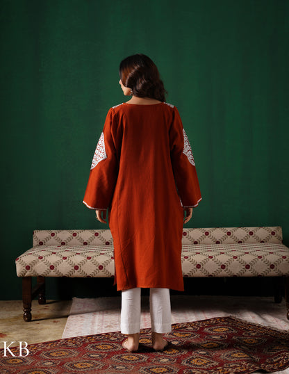 Kashmiri Silver Boti Tilla Embroidered Woollen Phiran – Rust Orange | Handcrafted Heritage - Kashmir Box