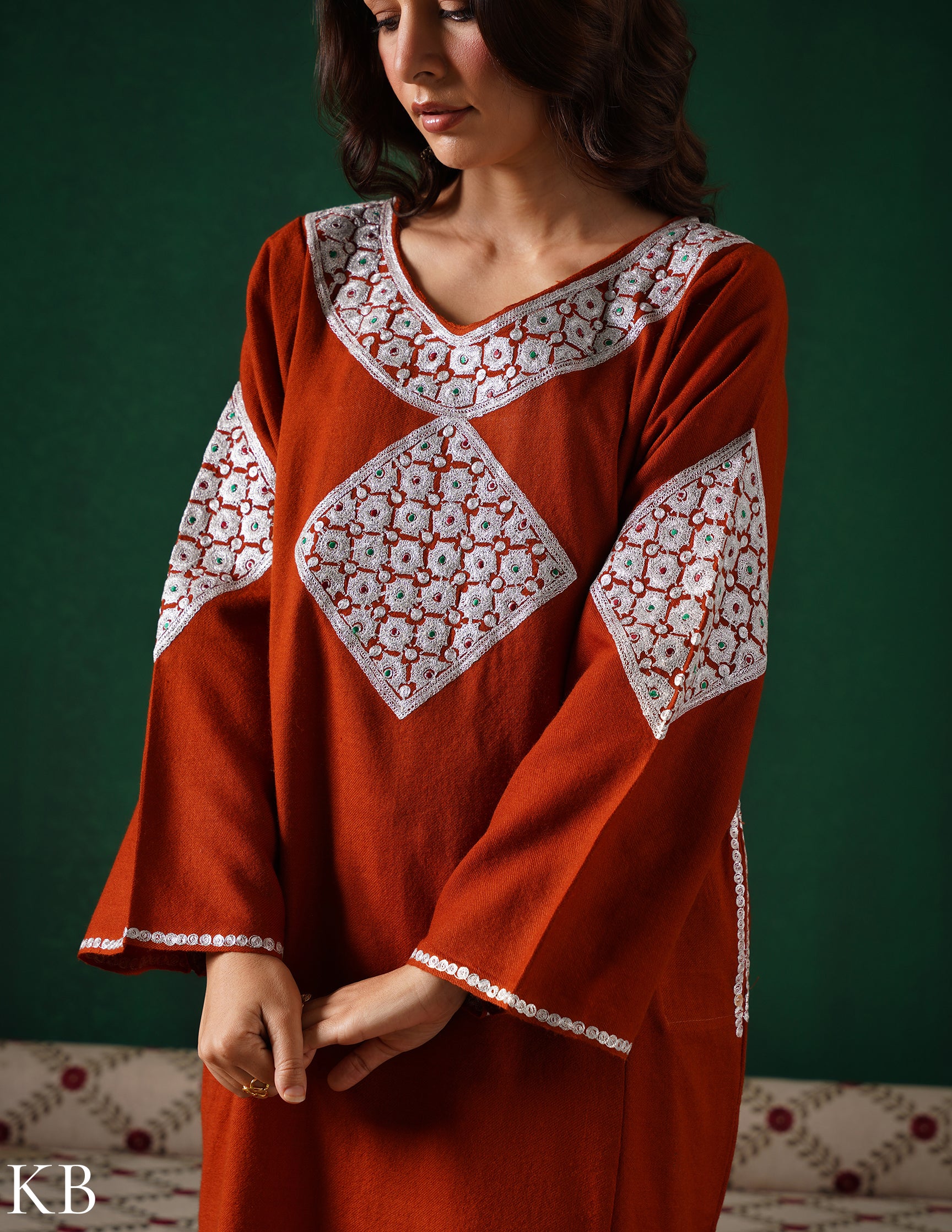 Kashmiri Silver Boti Tilla Embroidered Woollen Phiran – Rust Orange | Handcrafted Heritage - Kashmir Box