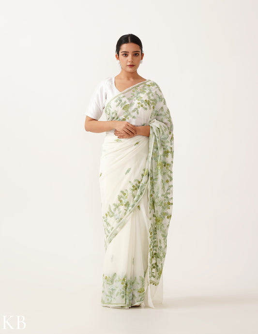 Soft Green Embroidered Off-White Georgette Saree - Kashmir Box