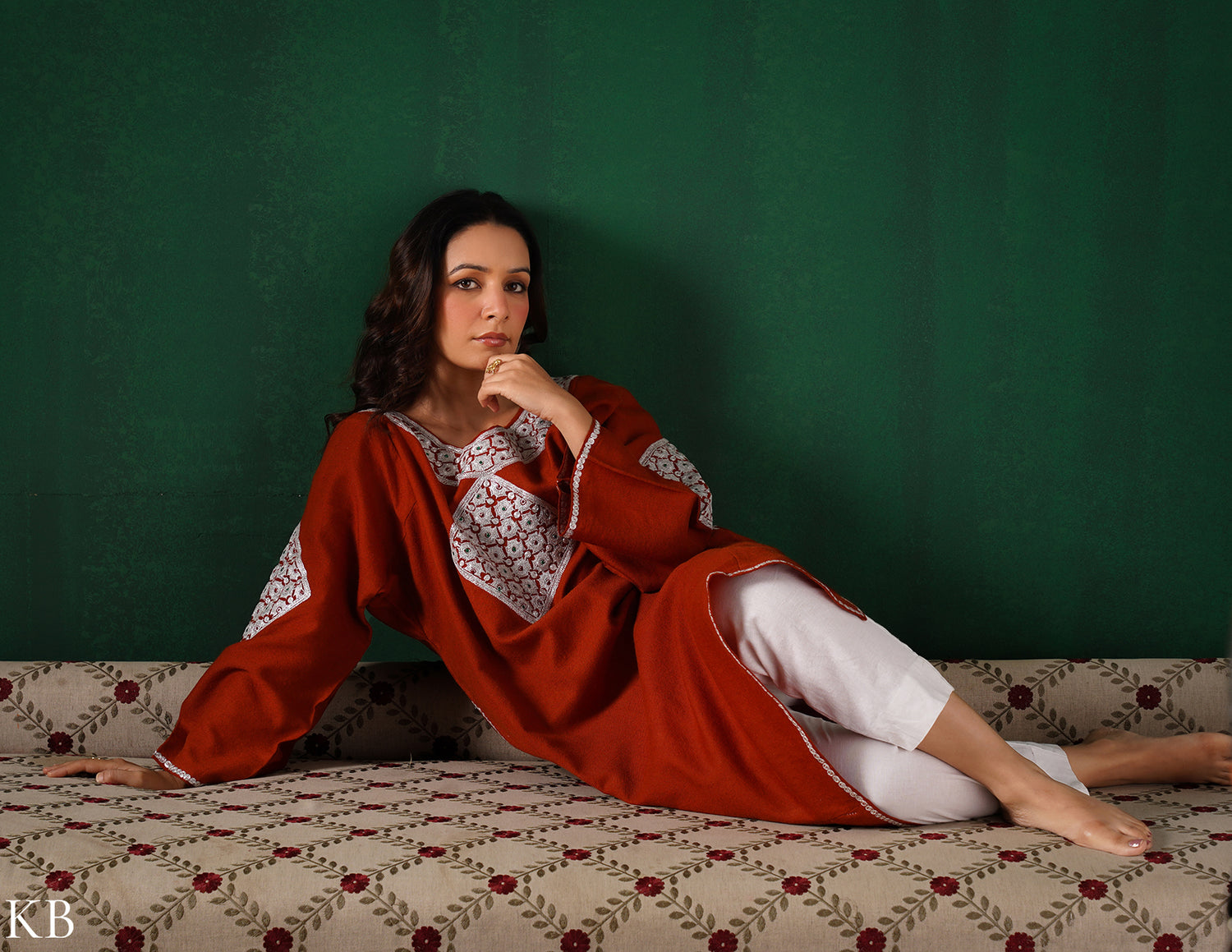 Kashmiri Silver Boti Tilla Embroidered Woollen Phiran – Rust Orange | Handcrafted Heritage - Kashmir Box