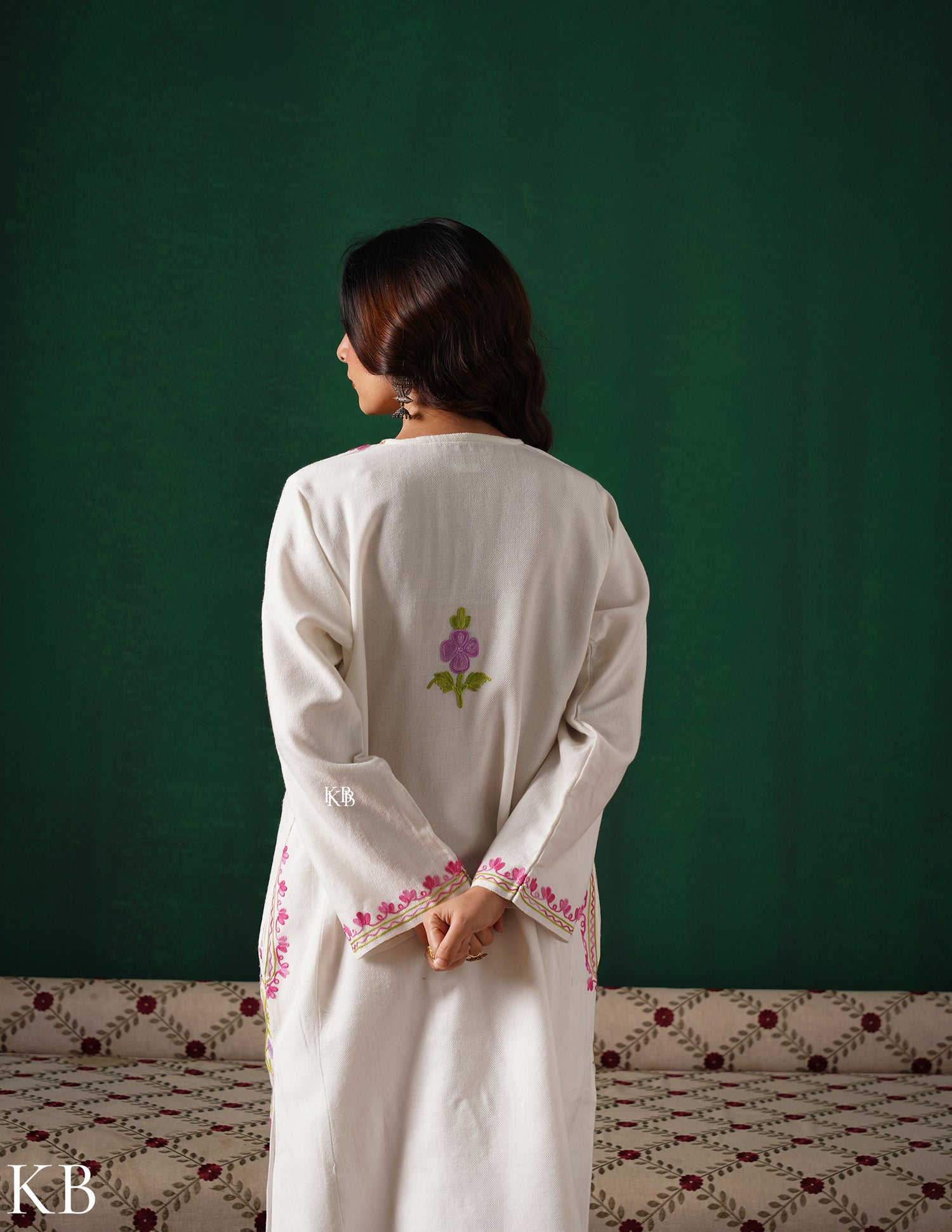Kashmiri Pink, Green &amp; Purple Aari Embroidered Woollen Phiran – White | Timeless Winter Wear - Kashmir Box