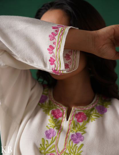 Kashmiri Pink, Green &amp; Purple Aari Embroidered Woollen Phiran – White | Timeless Winter Wear - Kashmir Box
