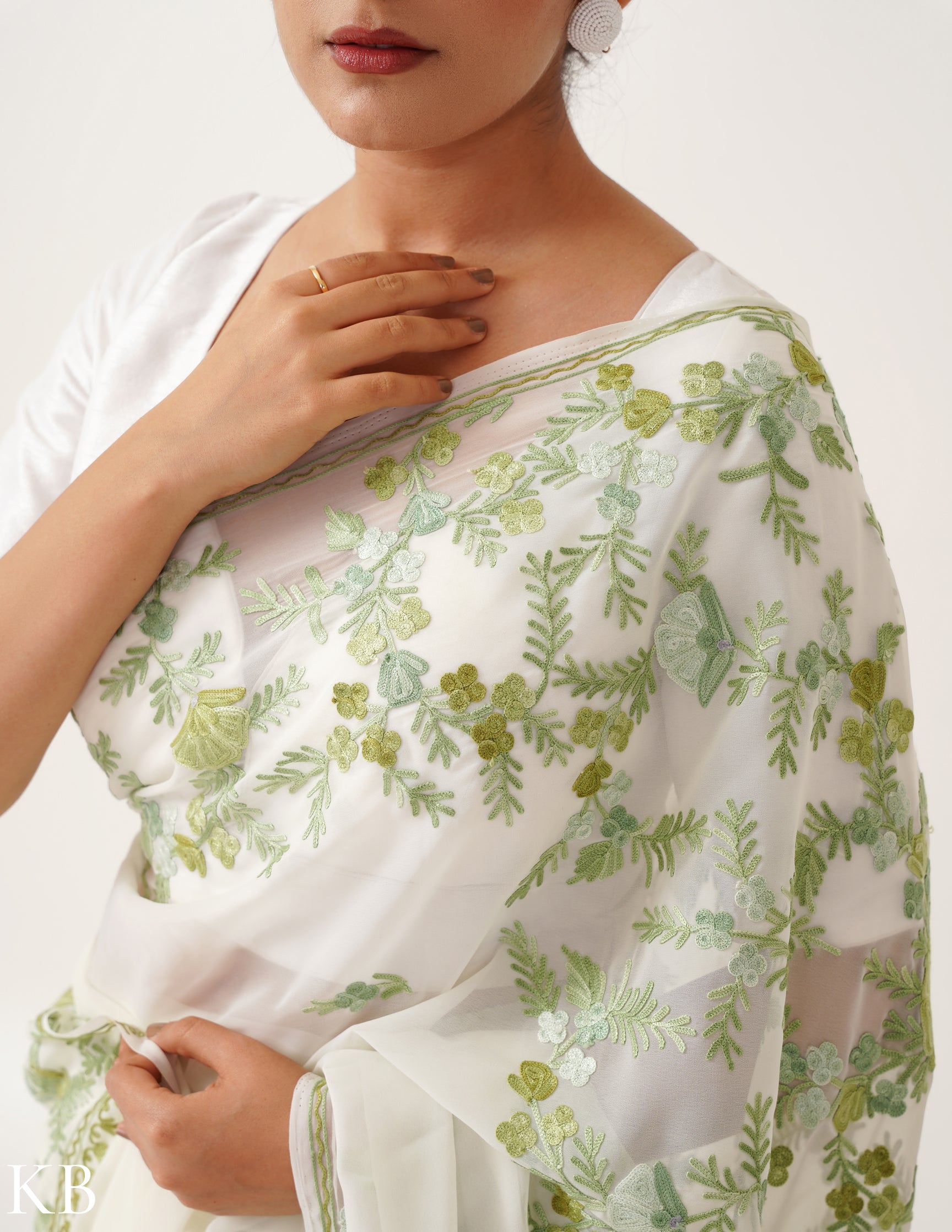Soft Green Embroidered Off-White Georgette Saree - Kashmir Box