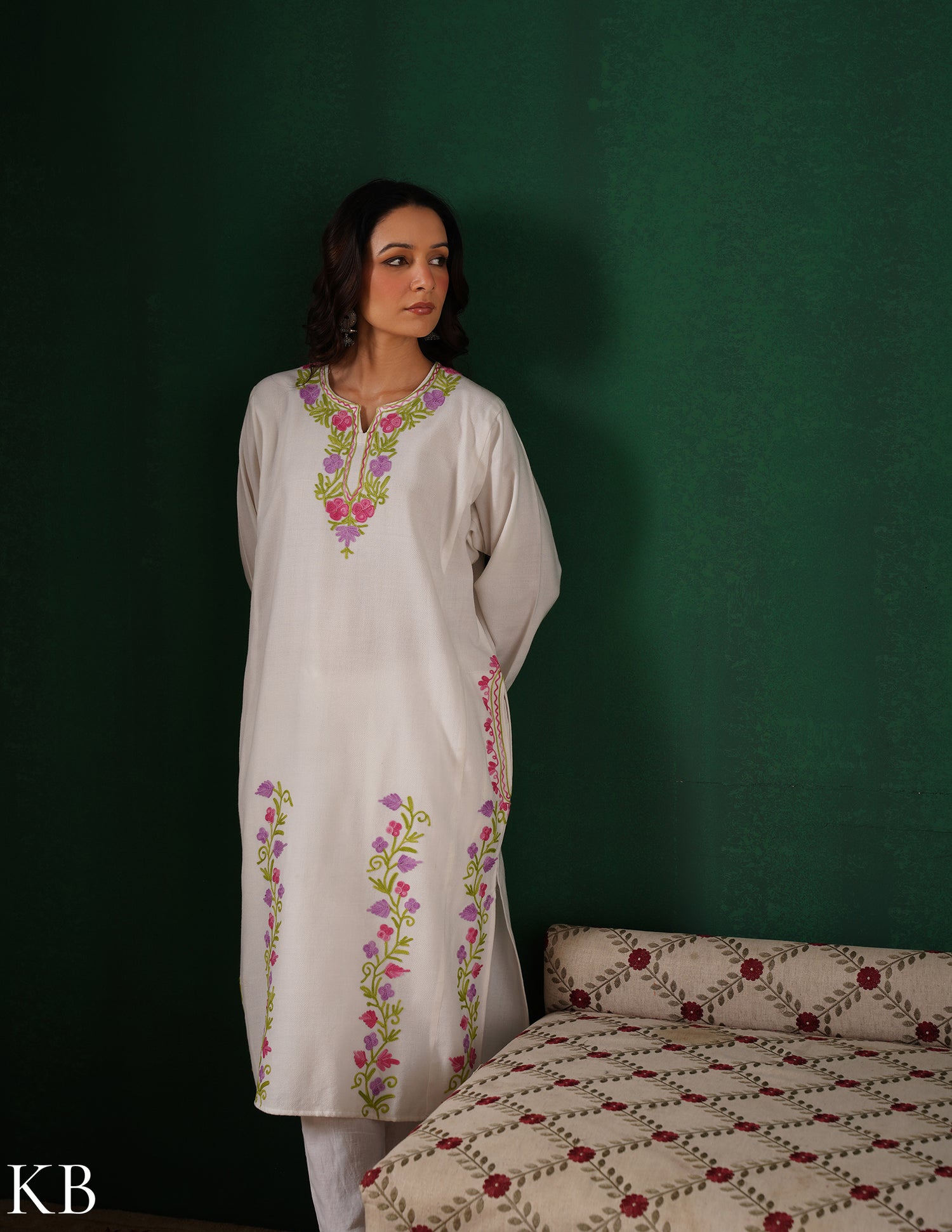 Kashmiri Pink, Green &amp; Purple Aari Embroidered Woollen Phiran – White | Timeless Winter Wear - Kashmir Box