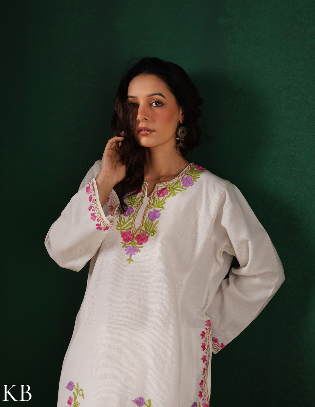 Kashmiri Pink, Green &amp; Purple Aari Embroidered Woollen Phiran – White | Timeless Winter Wear - Kashmir Box