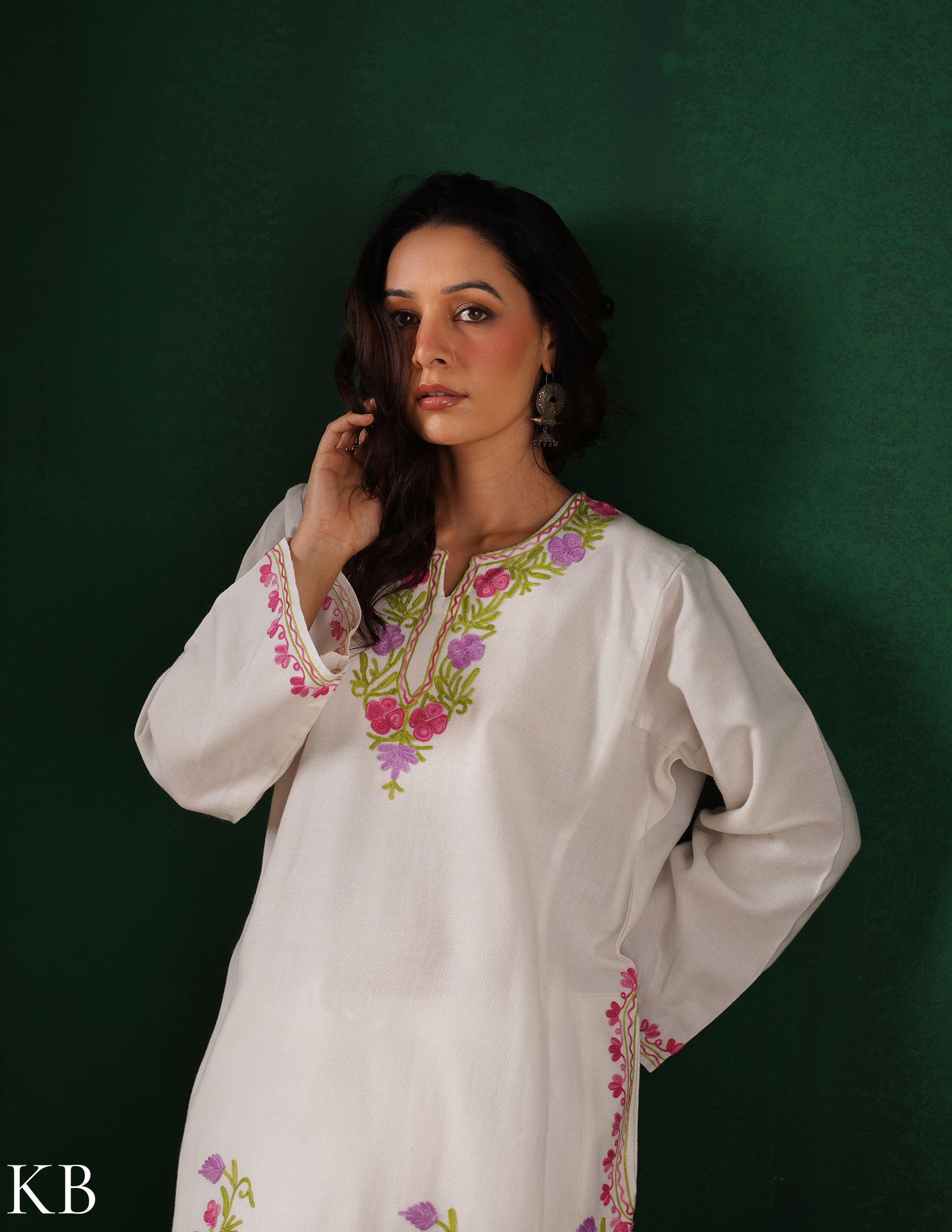 Kashmiri Pink, Green &amp; Purple Aari Embroidered Woollen Phiran – White | Timeless Winter Wear - Kashmir Box