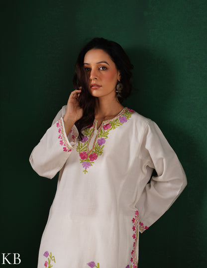Kashmiri Pink, Green &amp; Purple Aari Embroidered Woollen Phiran – White | Timeless Winter Wear - Kashmir Box