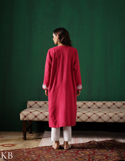 Kashmiri Light Pink Aari &amp; Zari Outlined Woollen Phiran – Dark Pink | Timeless Winter Wear - Kashmir Box