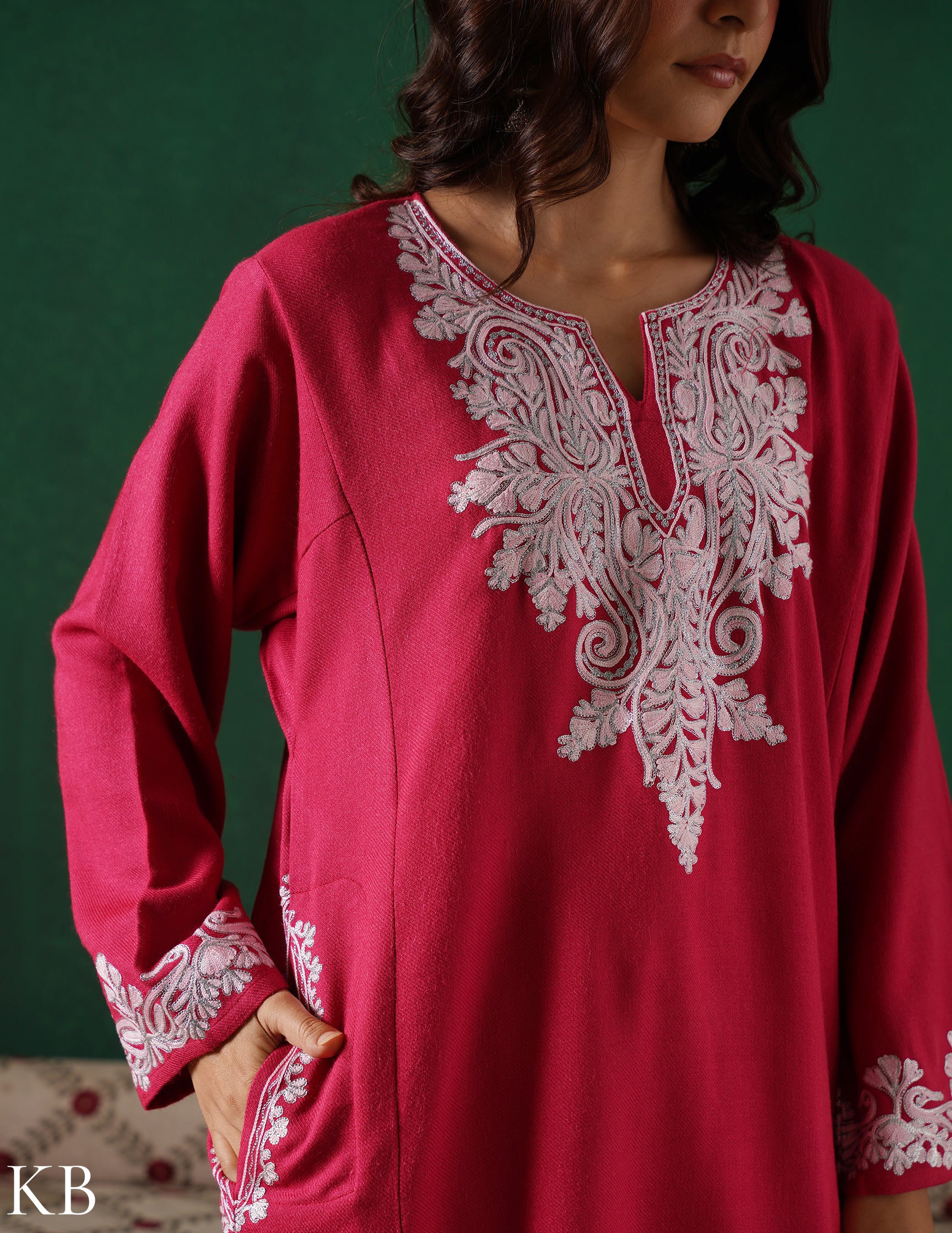 Kashmiri Light Pink Aari &amp; Zari Outlined Woollen Phiran – Dark Pink | Timeless Winter Wear - Kashmir Box