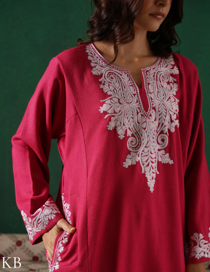 Kashmiri Light Pink Aari &amp; Zari Outlined Woollen Phiran – Dark Pink | Timeless Winter Wear - Kashmir Box