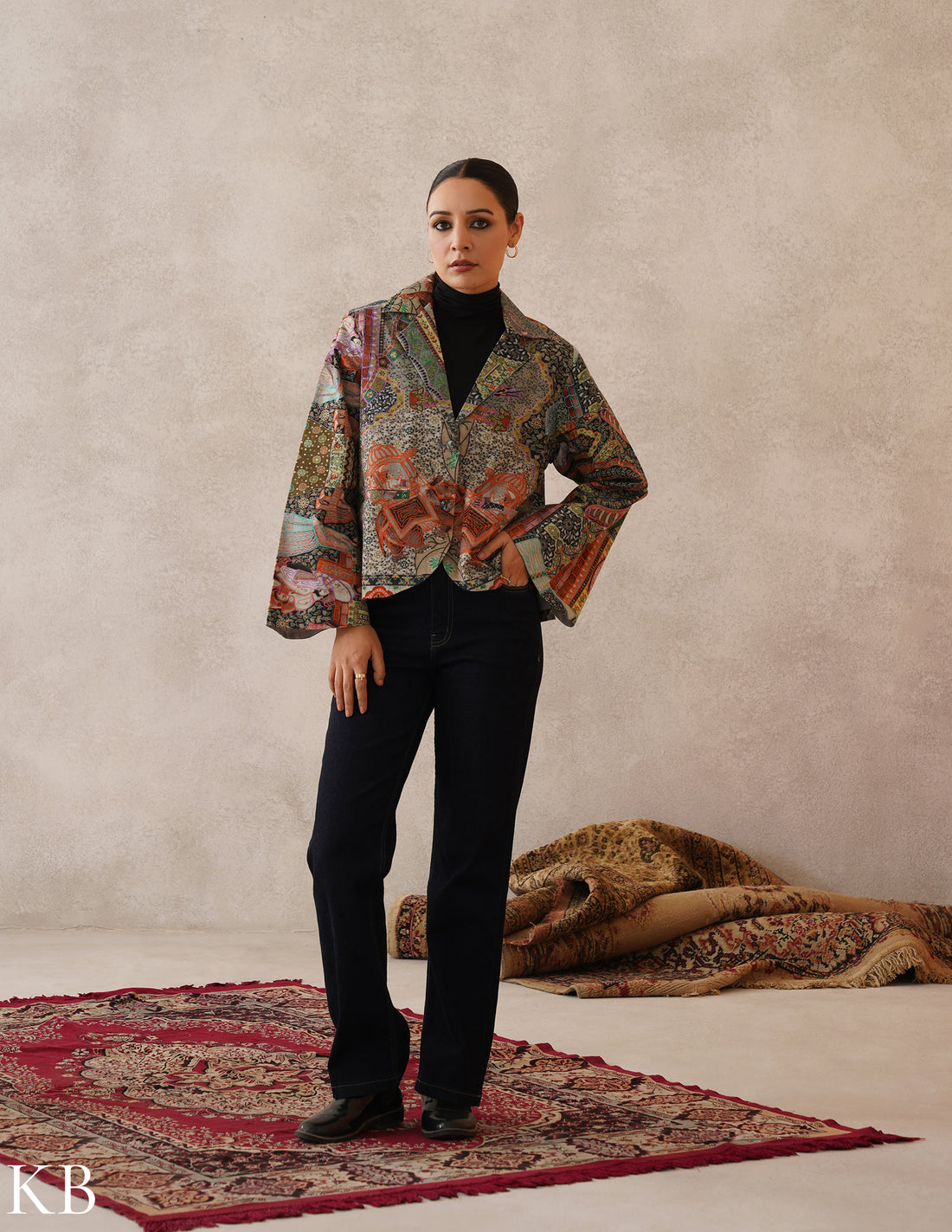 Nayaab Multicolour Kalamkari Print Sozni Outlined Fine Wool Blazer - Kashmir Box