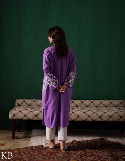 Kashmiri White Aari Embroidered Woollen Phiran – Purple | Timeless Winter Wear - Kashmir Box