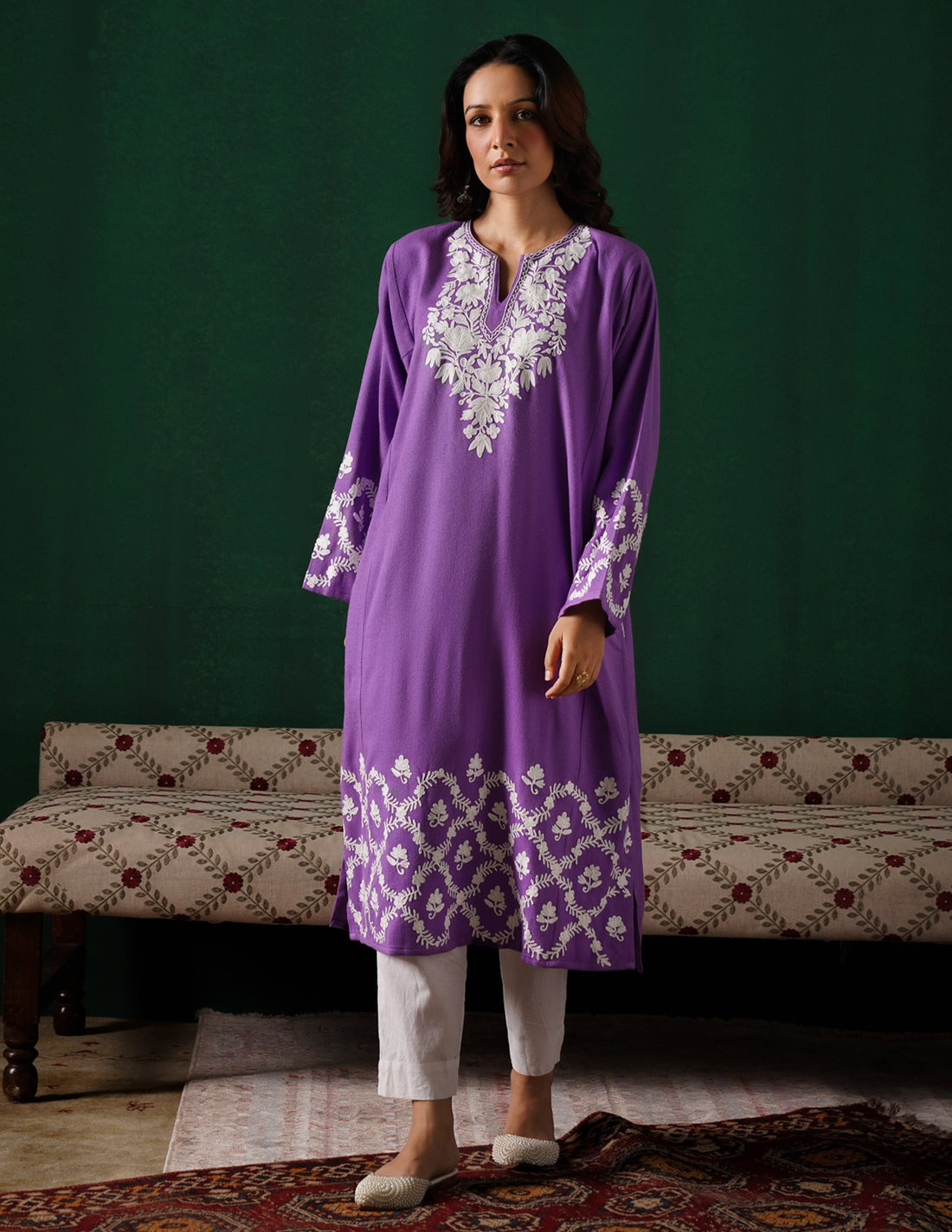 Kashmiri White Aari Embroidered Woollen Phiran – Purple | Timeless Winter Wear - Kashmir Box